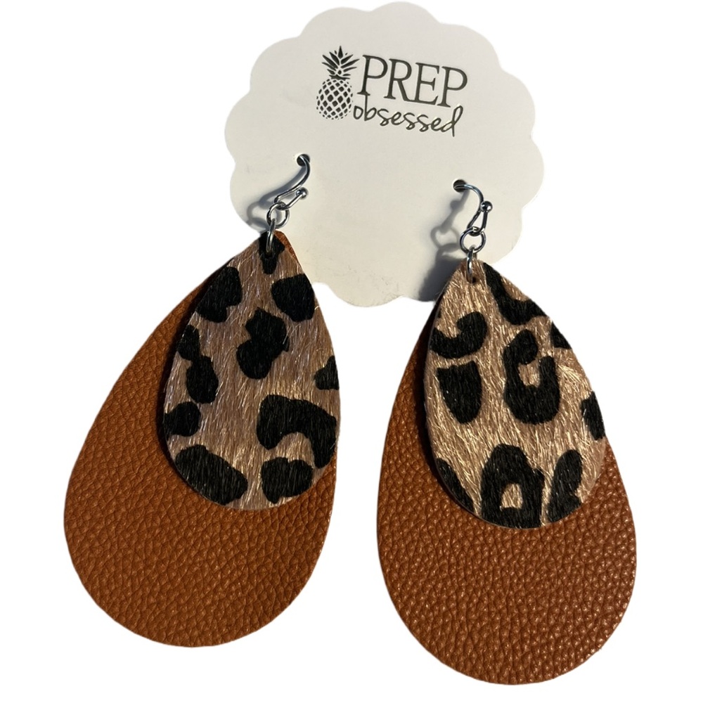 Prep Obsessed Earrings Cheetah Print and Brown Leather Dangle Earrings NWT